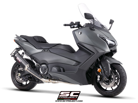 Yamaha TMax 560 with SC-Project full exhaust system stainless steel with SC1-R carbon fibre exhaust, 3/4 rear view