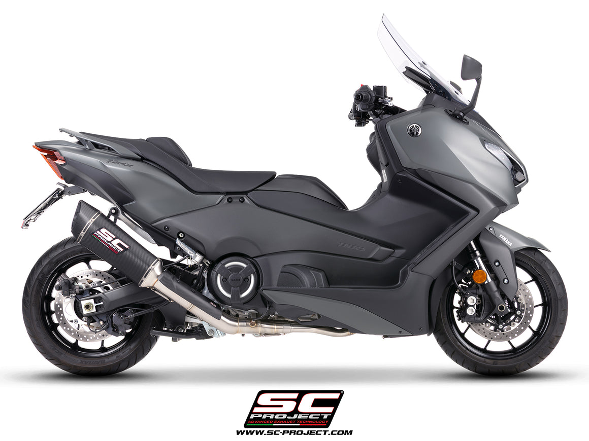 Yamaha TMax 560 with SC-Project full exhaust system stainless steel with SC1-R carbon fibre exhaust, 3/4 rear view