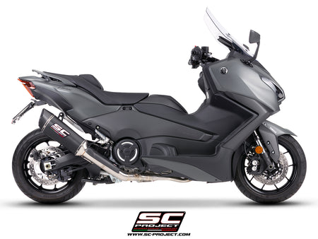 Yamaha TMax 560 with SC-Project full exhaust system stainless steel with SC1-R carbon fibre exhaust, 3/4 rear view