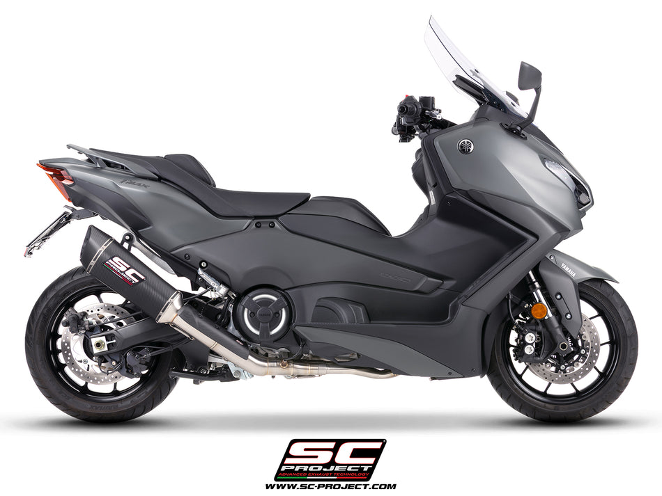 Yamaha TMax 560 with SC-Project full exhaust system stainless steel with SC1-R carbon fibre exhaust, 3/4 rear view