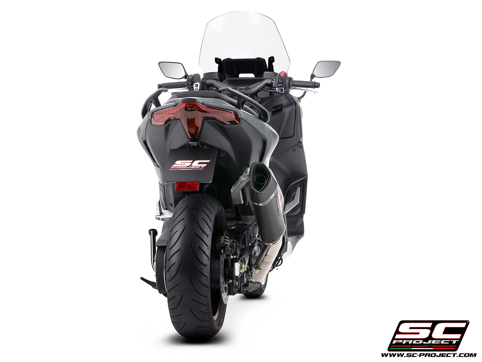 Yamaha TMax 560 with SC-Project full exhaust system stainless steel with SC1-R carbon fibre exhaust, 3/4 rear view