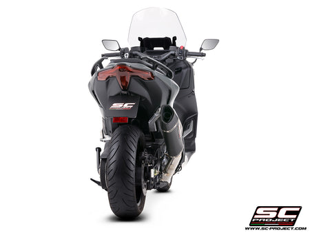Yamaha TMax 560 with SC-Project full exhaust system stainless steel with SC1-R carbon fibre exhaust, 3/4 rear view