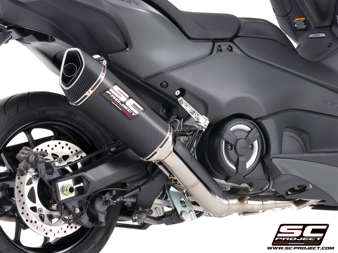 Yamaha TMax 560 with SC-Project full exhaust system stainless steel with SC1-R carbon fibre exhaust, 3/4 rear view