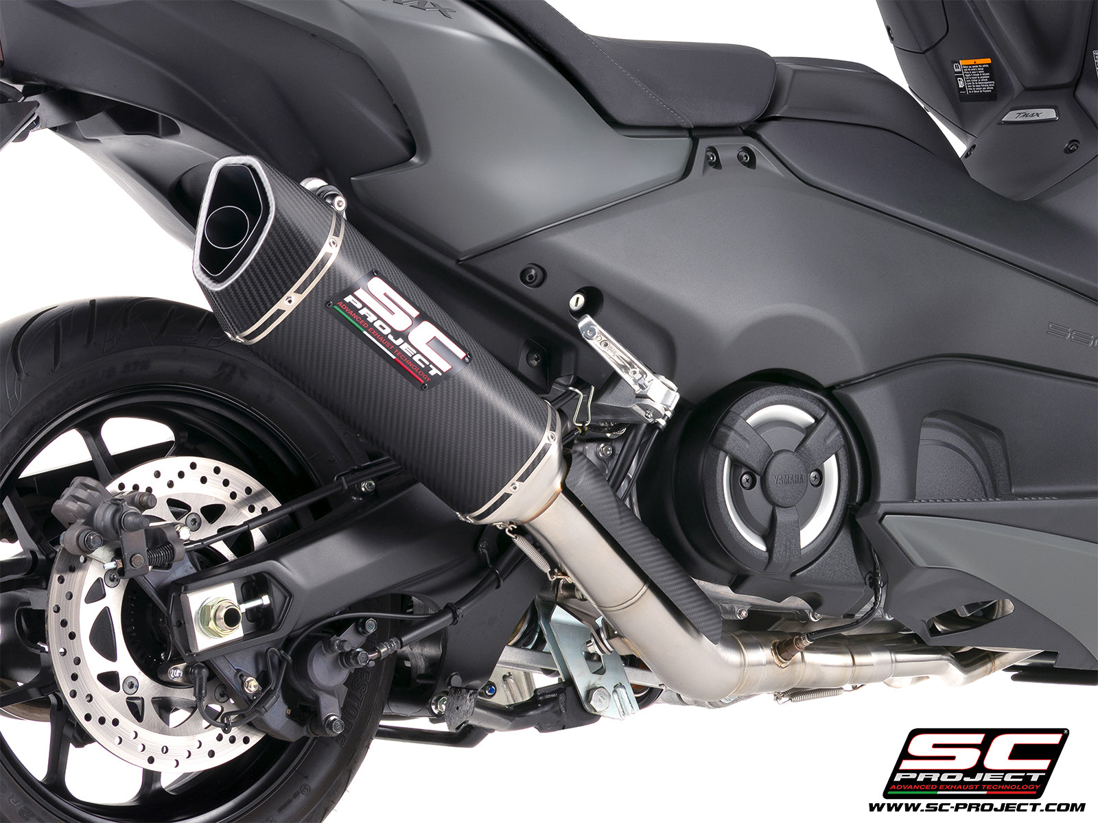 Yamaha TMax 560 with SC-Project full exhaust system stainless steel with SC1-R carbon fibre exhaust, 3/4 rear view