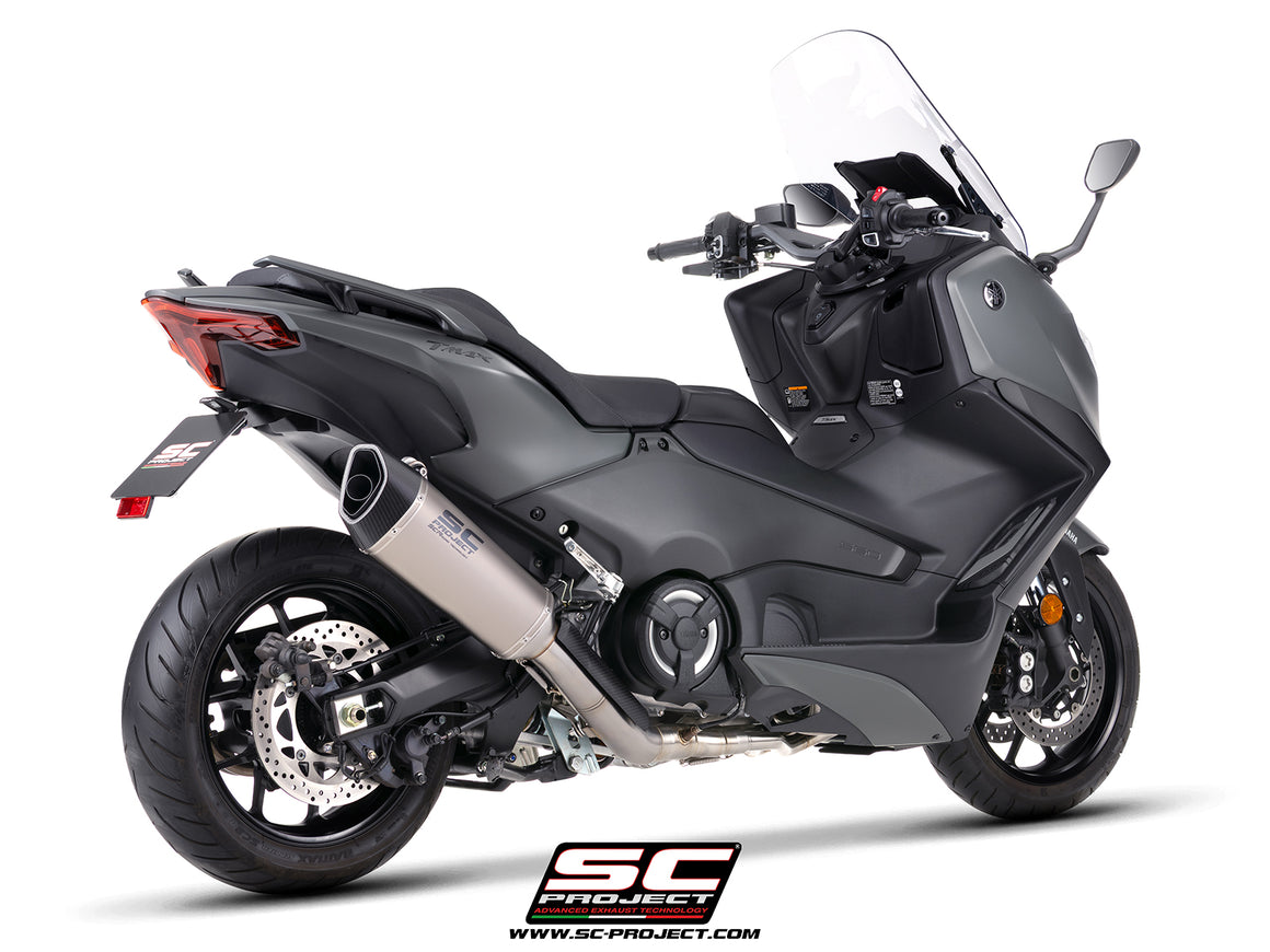 Yamaha TMax 560 with SC-Project full exhaust system stainless steel with SC1-R titanium exhaust, 3/4 rear view