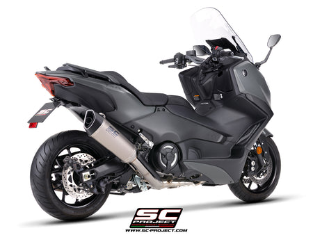 Yamaha TMax 560 with SC-Project full exhaust system stainless steel with SC1-R titanium exhaust, 3/4 rear view
