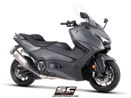 Yamaha TMax 560 with SC-Project full exhaust system stainless steel with SC1-R titanium exhaust, 3/4 rear view