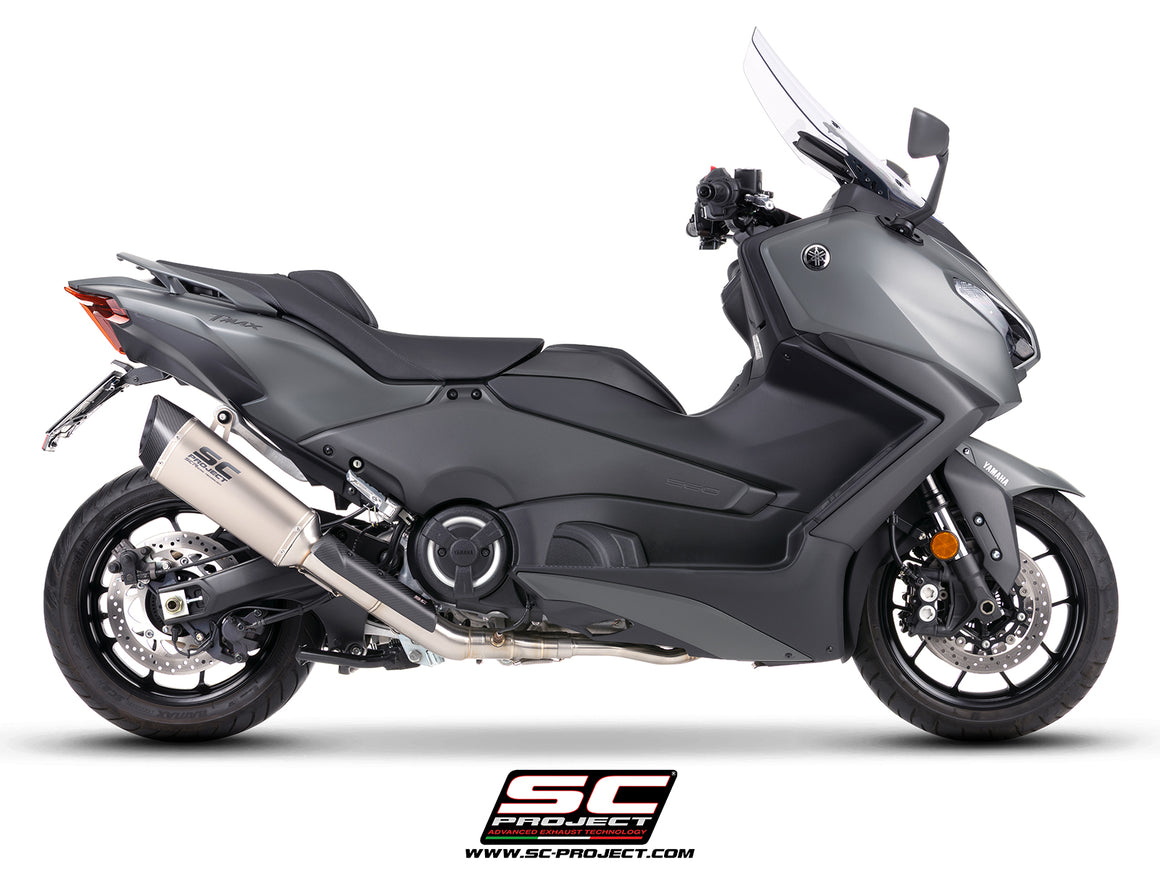 Yamaha TMax 560 with SC-Project full exhaust system stainless steel with SC1-R titanium exhaust, 3/4 rear view