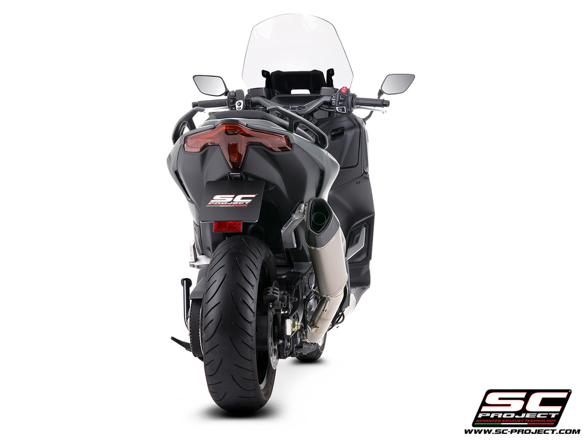 Yamaha TMax 560 with SC-Project full exhaust system stainless steel with SC1-R titanium exhaust, 3/4 rear view