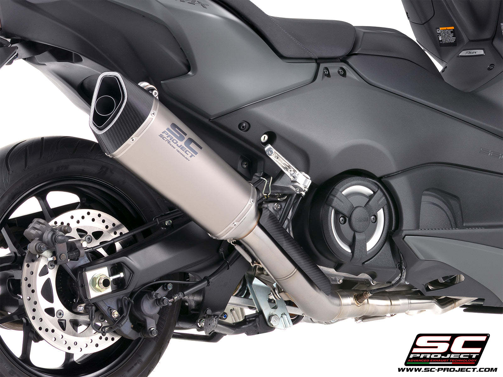 Yamaha TMax 560 with SC-Project full exhaust system stainless steel with SC1-R titanium exhaust, 3/4 rear view