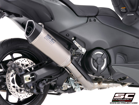Yamaha TMax 560 with SC-Project full exhaust system stainless steel with SC1-R titanium exhaust, 3/4 rear view