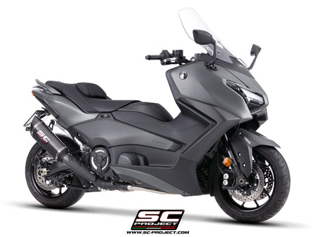 Yamaha TMax 560 with SC-Project full exhaust system stainless steel, matt black, with SC1-R carbon fibre exhaust, 3/4 rear view