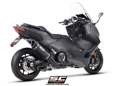 Yamaha TMax 560 with SC-Project full exhaust system stainless steel, matt black, with SC1-R carbon fibre exhaust, 3/4 rear view