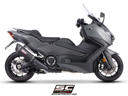 Yamaha TMax 560 with SC-Project full exhaust system stainless steel, matt black, with SC1-R carbon fibre exhaust, 3/4 rear view