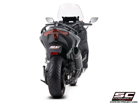 Yamaha TMax 560 with SC-Project full exhaust system stainless steel, matt black, with SC1-R carbon fibre exhaust, 3/4 rear view