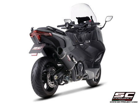 Yamaha TMax 560 with SC-Project full exhaust system stainless steel, matt black, with SC1-R carbon fibre exhaust, 3/4 rear view