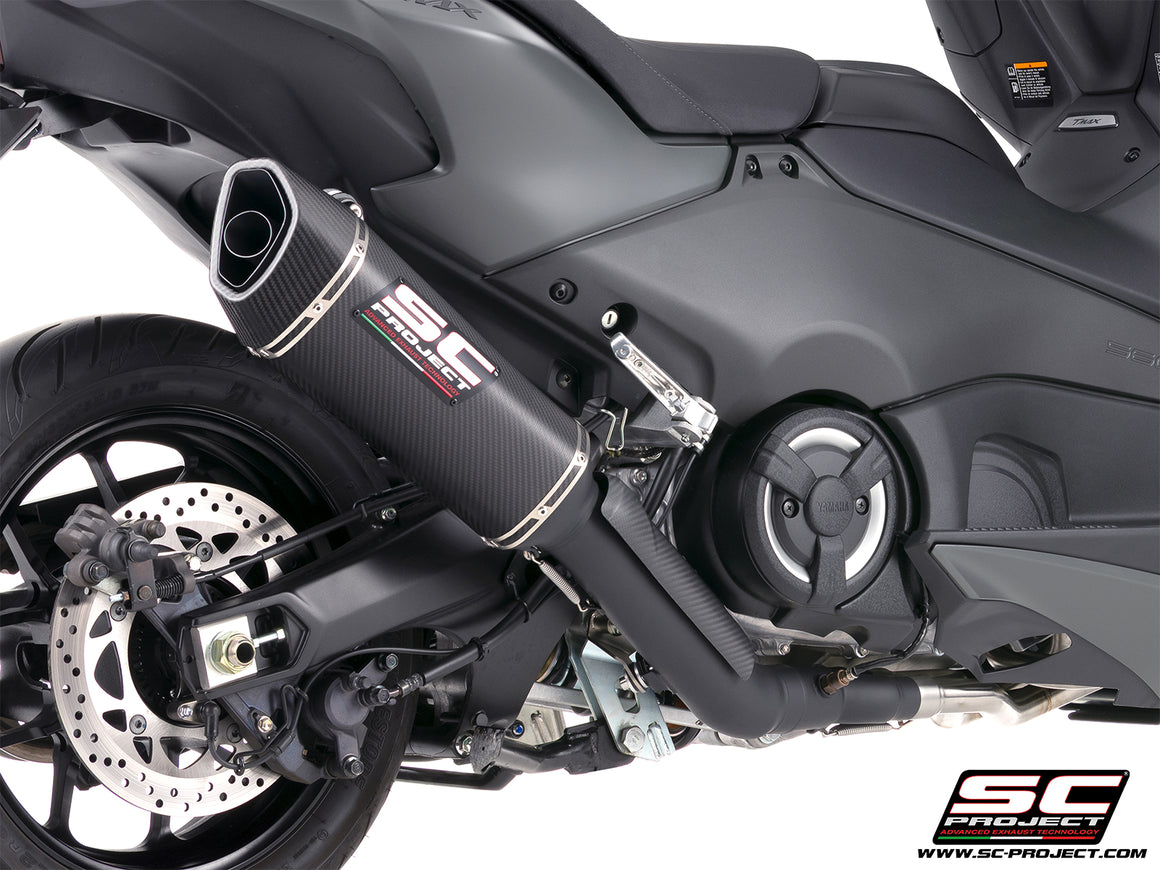 Yamaha TMax 560 with SC-Project full exhaust system stainless steel, matt black, with SC1-R carbon fibre exhaust, 3/4 rear view