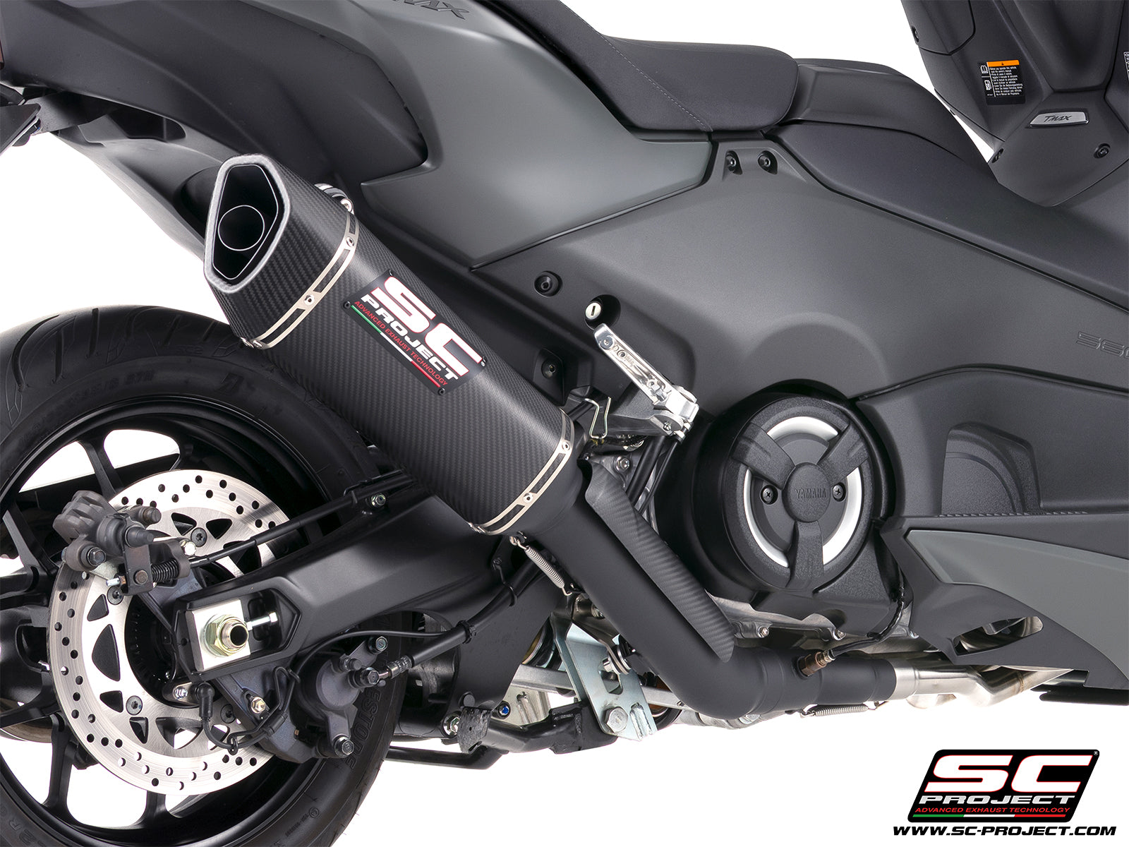 Yamaha TMax 560 with SC-Project full exhaust system stainless steel, matt black, with SC1-R carbon fibre exhaust, 3/4 rear view