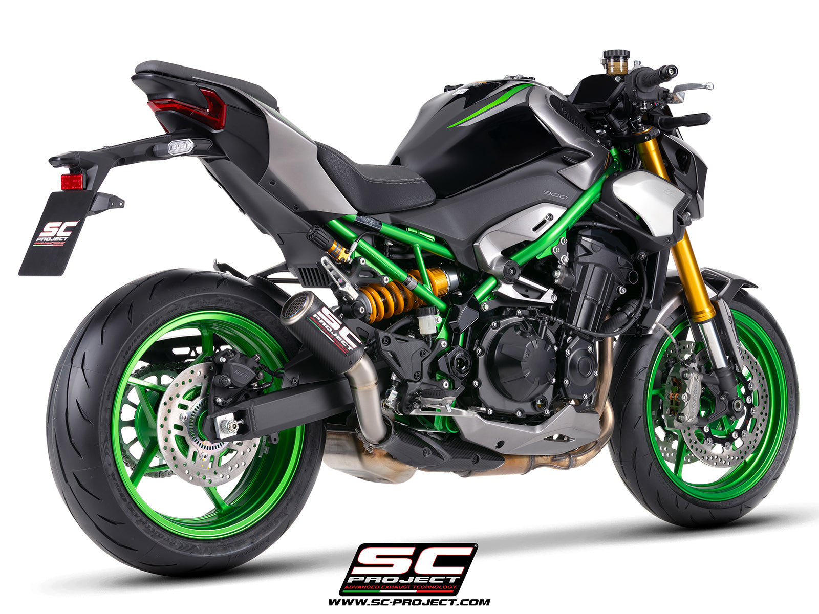 Kawasaki Z900 with SC-Project CR-T carbon fibre exhaust, with stoneguard grid, 3/4 rear view