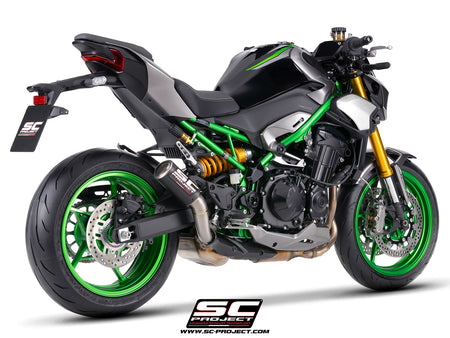 Kawasaki Z900 with SC-Project CR-T carbon fibre exhaust, with stoneguard grid, 3/4 rear view