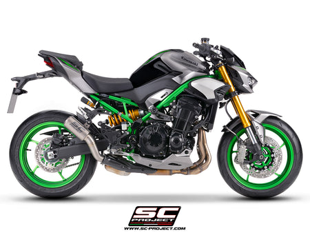 Kawasaki Z900 with SC-Project CR-T titanium exhaust, with stoneguard grid, 3/4 rear view