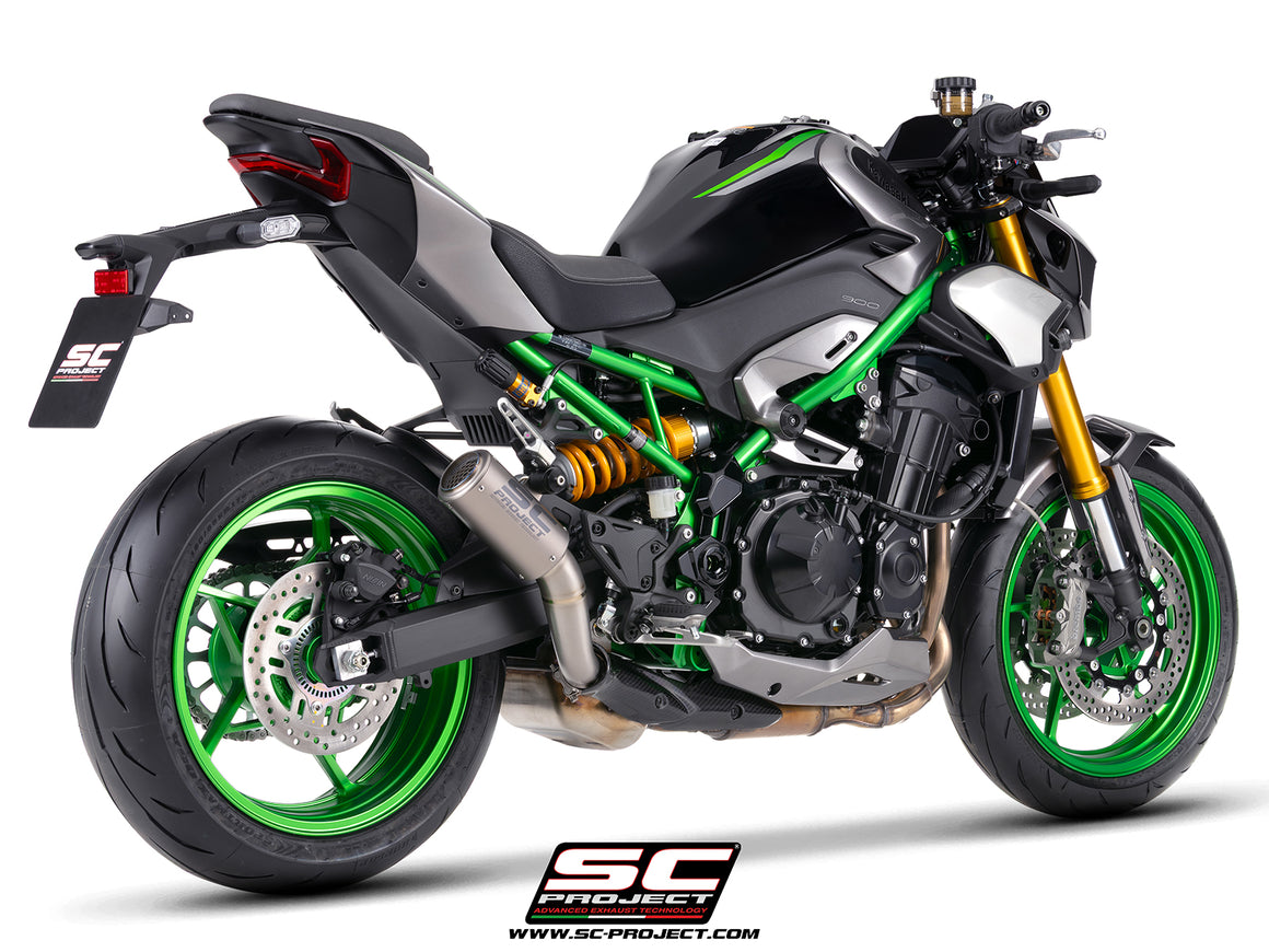 Kawasaki Z900 with SC-Project CR-T titanium exhaust, with stoneguard grid, 3/4 rear view