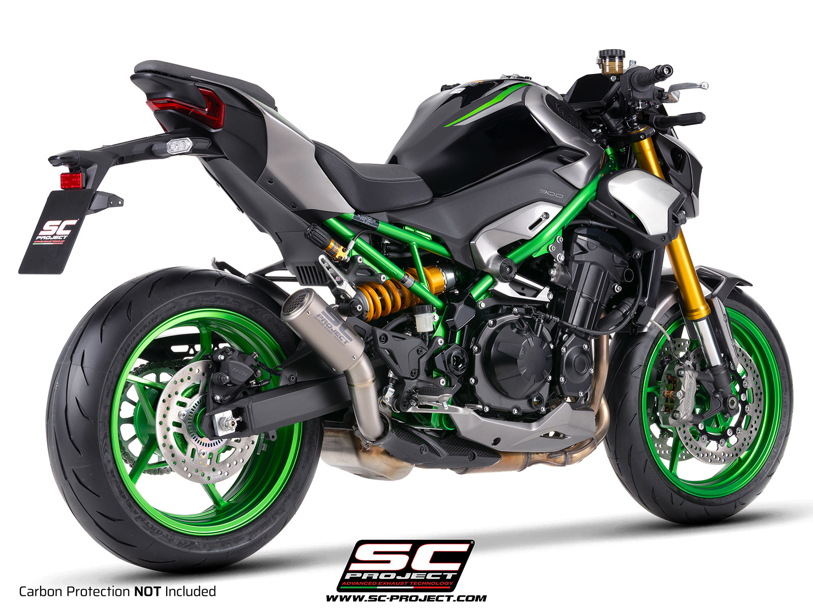 Kawasaki Z900 with SC-Project CR-T titanium exhaust, with stoneguard grid, 3/4 rear view