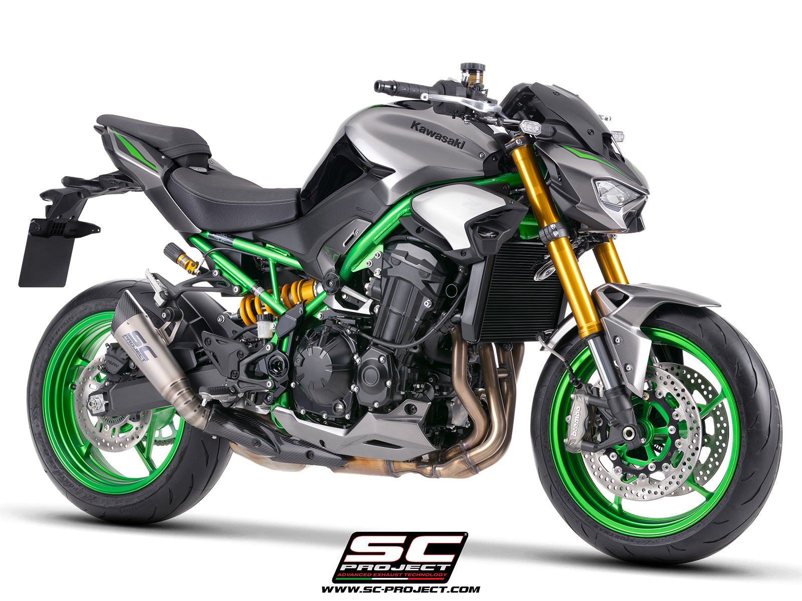 Kawasaki Z900 with SC-Project S1 titanium exhaust, 3/4 rear view