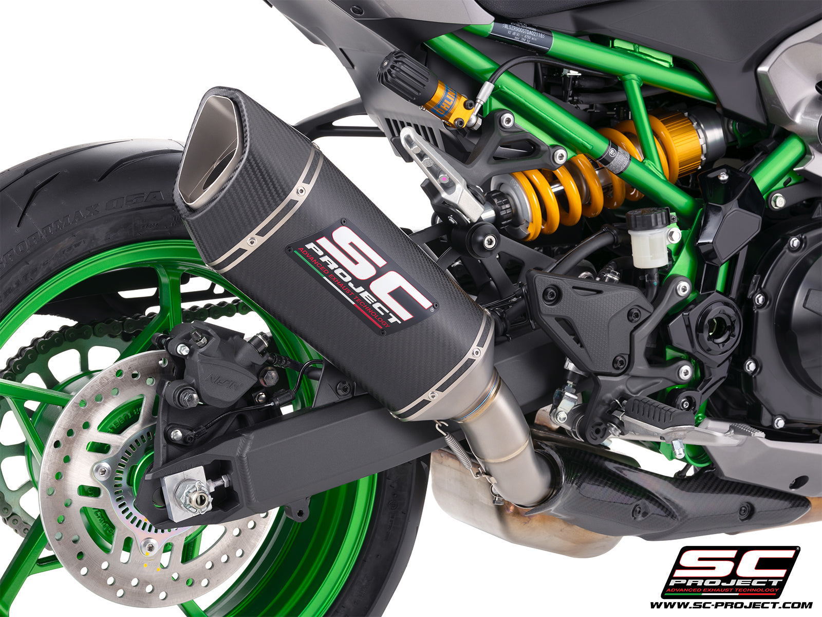 Kawasaki Z900 with SC-Project SC1-R carbon fibre exhaust, 3/4 rear view