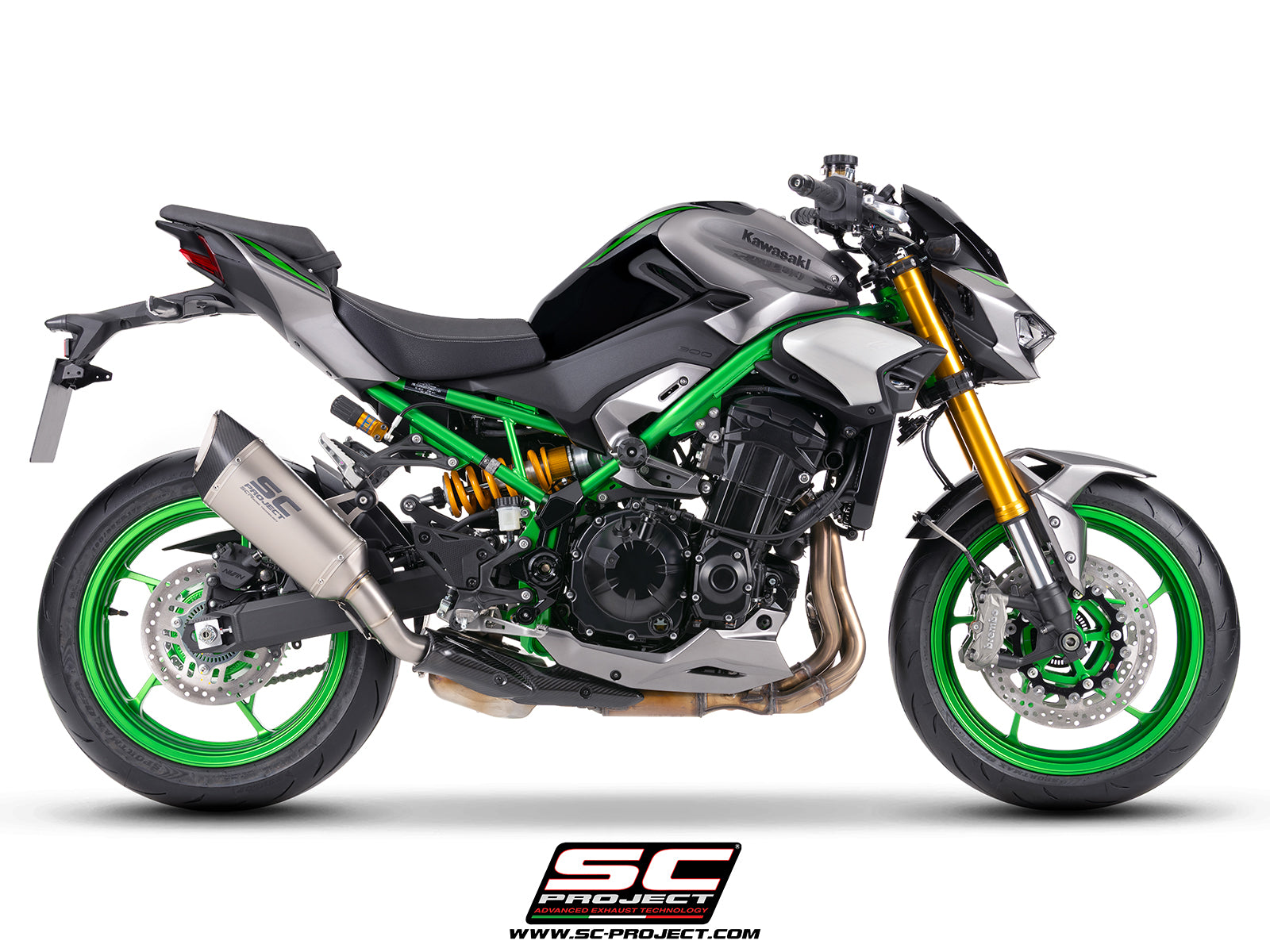 Kawasaki Z900 with SC-Project SC1-R titanium exhaust, 3/4 rear view