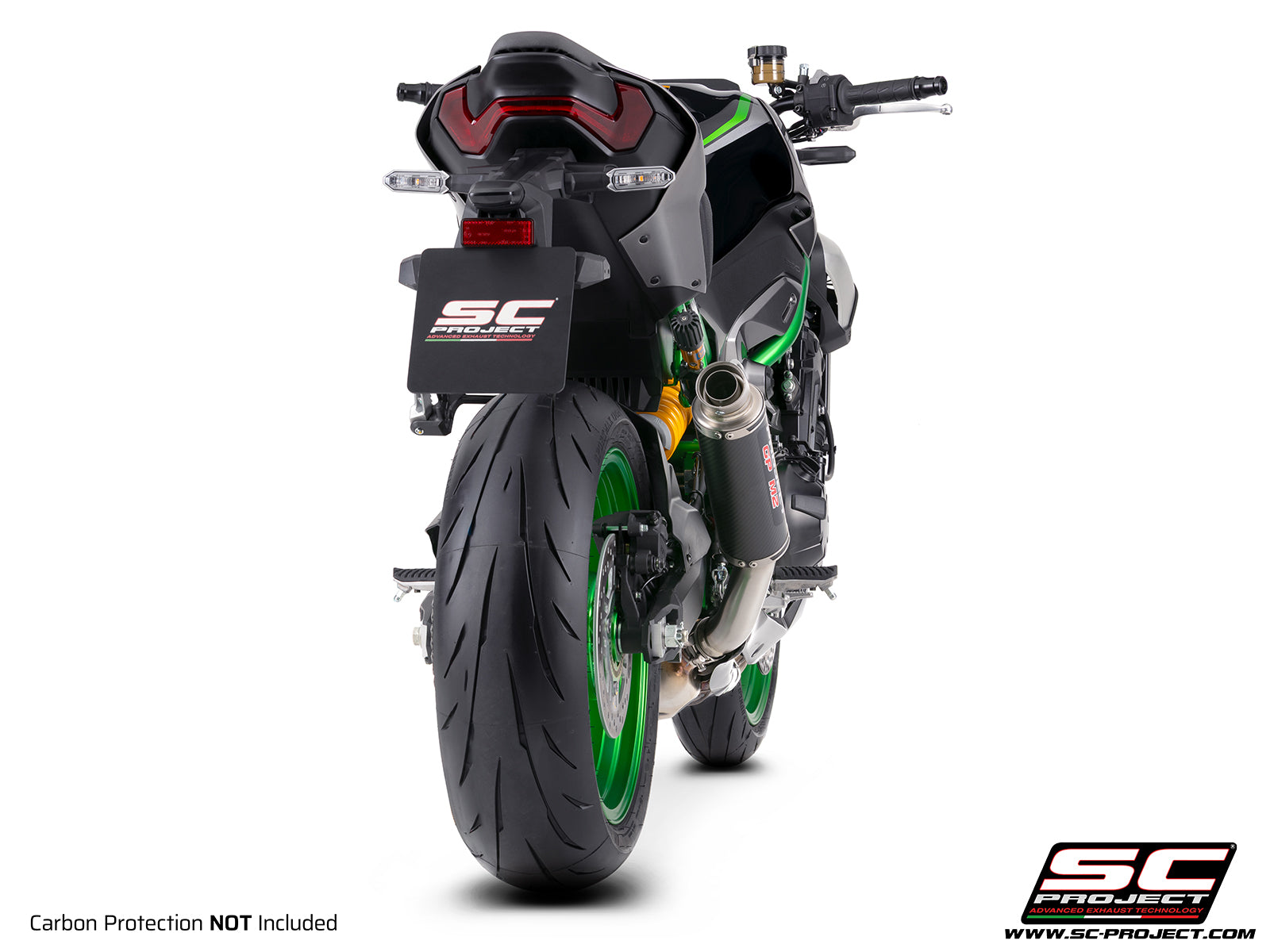 Kawasaki Z900 with SC-Project GP-M2 carbon fibre exhaust, 3/4 rear view