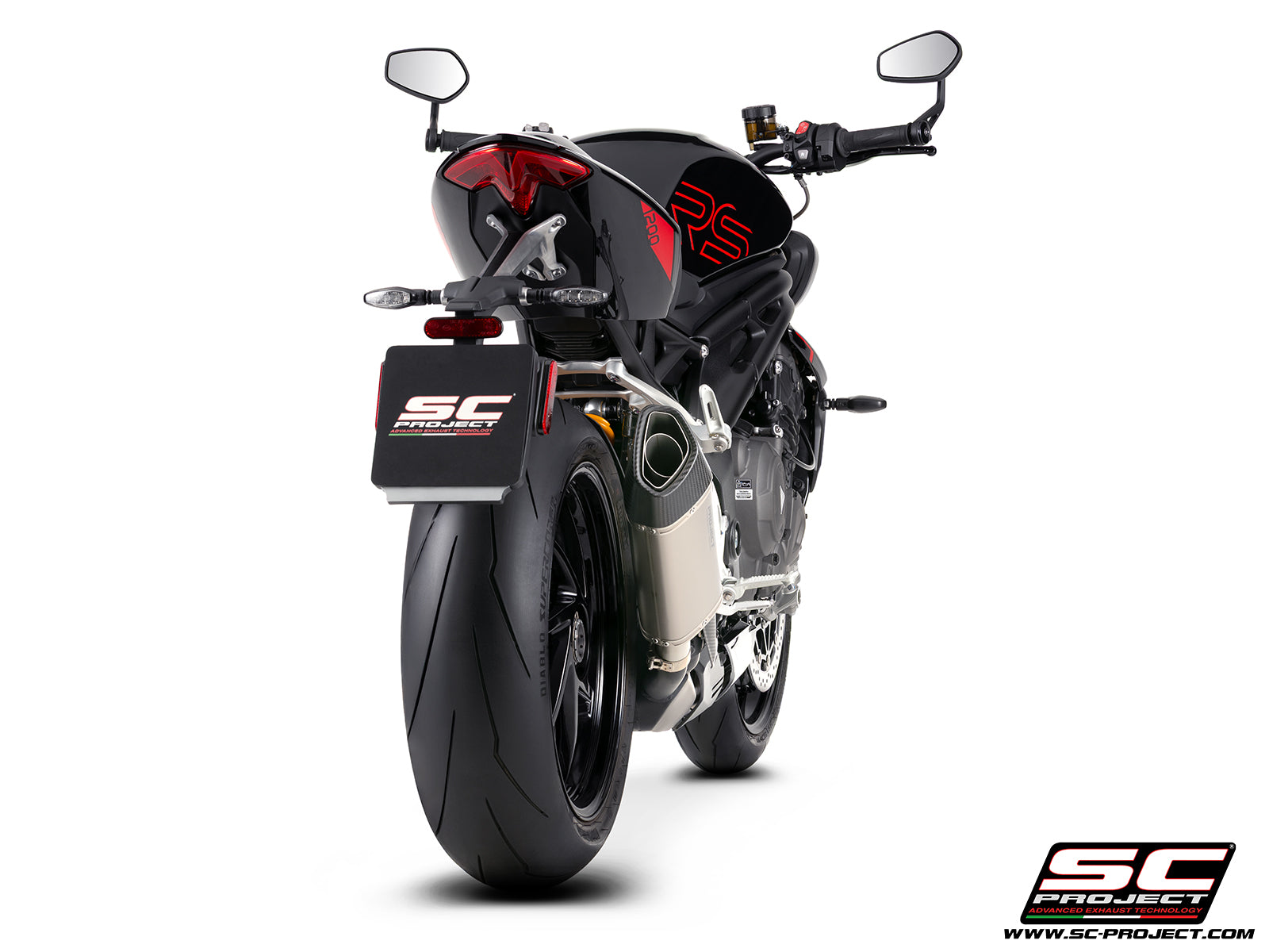 	Triumph Street Triple 1200 RS with SC-Project SC1-R GT titanium exhaust, 3/4 rear view