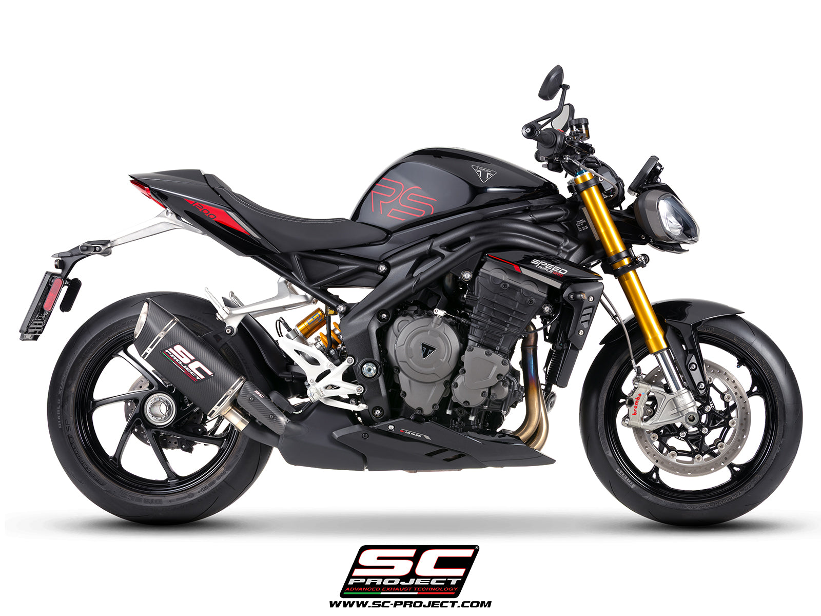 Triumph Street Triple 1200 RS with SC-Project SC1-R GT carbon fibre exhaust, 3/4 rear view