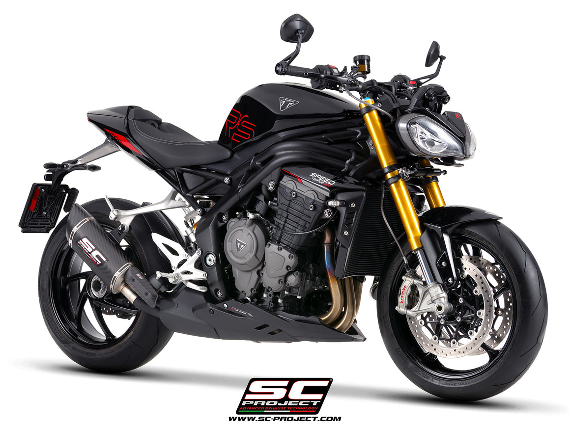 Triumph Street Triple 1200 RS with SC-Project SC1-R GT carbon fibre exhaust, 3/4 rear view