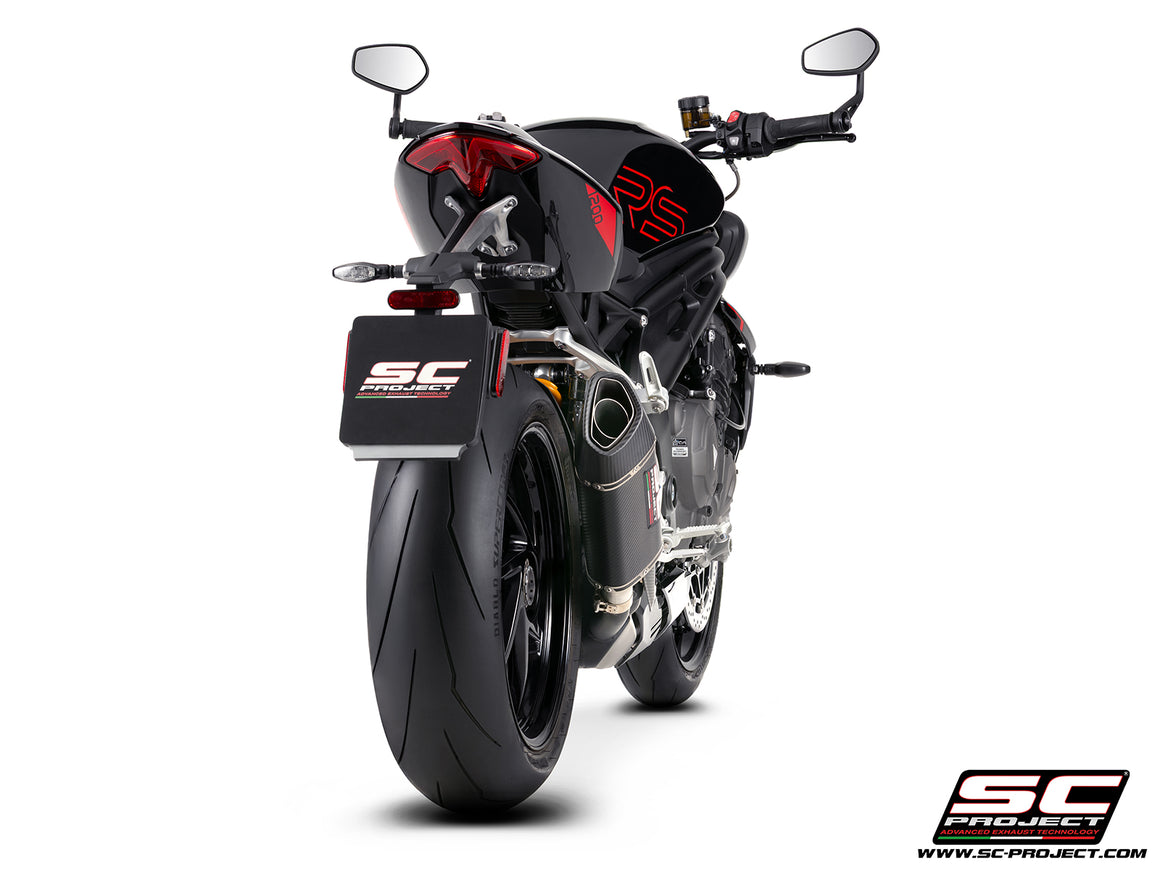 Triumph Street Triple 1200 RS with SC-Project SC1-R GT carbon fibre exhaust, 3/4 rear view