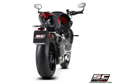 Triumph Street Triple 1200 RS with SC-Project SC1-R GT carbon fibre exhaust, 3/4 rear view