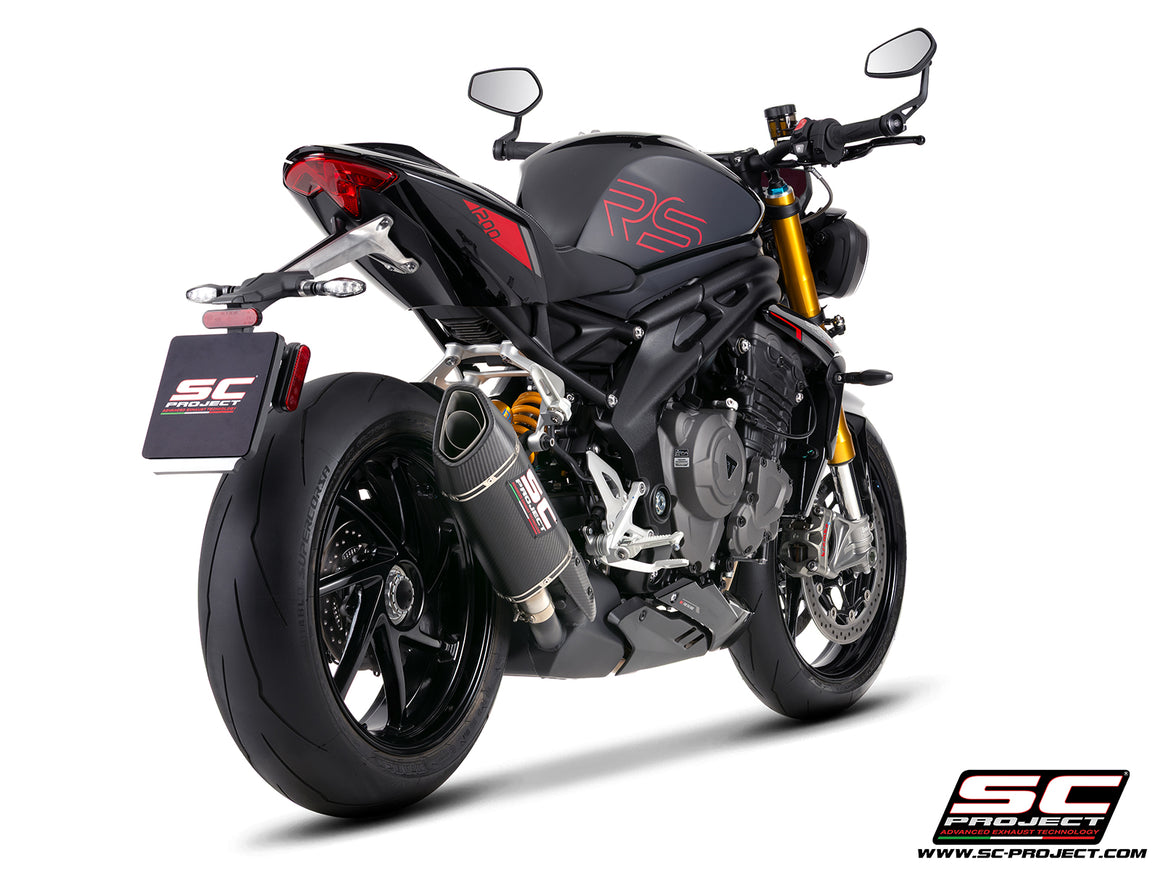 Triumph Street Triple 1200 RS with SC-Project SC1-R GT carbon fibre exhaust, 3/4 rear view