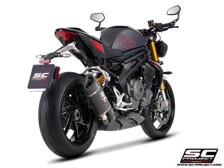 Triumph Street Triple 1200 RS with SC-Project SC1-R GT carbon fibre exhaust, 3/4 rear view