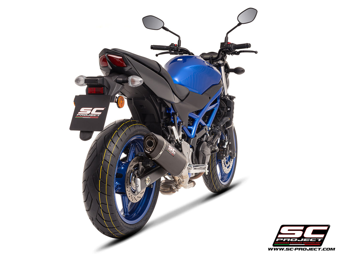 Suzuki SV650 M.Y. 2025 with SC-Project SC1-S carbon exhaust, 3/4 rear view