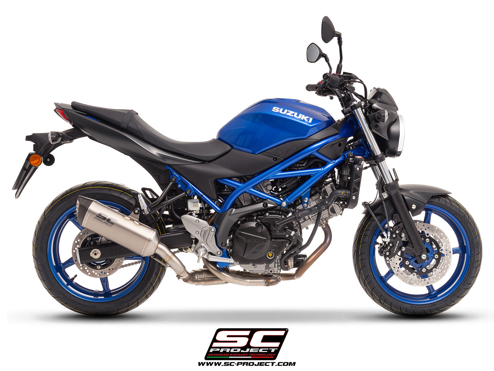 Suzuki SV650 M.Y. 2025 with SC-Project SC1-S titanium exhaust, 3/4 rear view