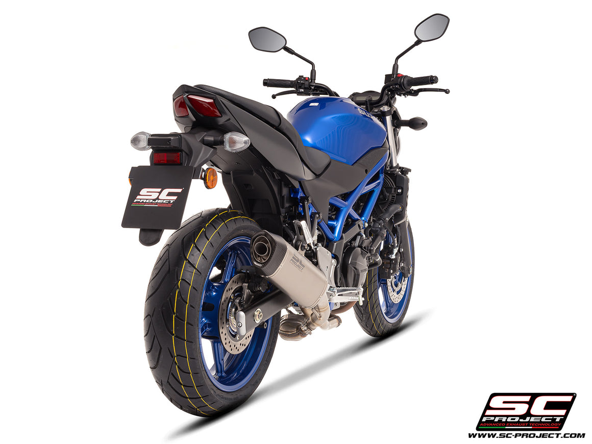 Suzuki SV650 M.Y. 2025 with SC-Project SC1-S titanium exhaust, 3/4 rear view