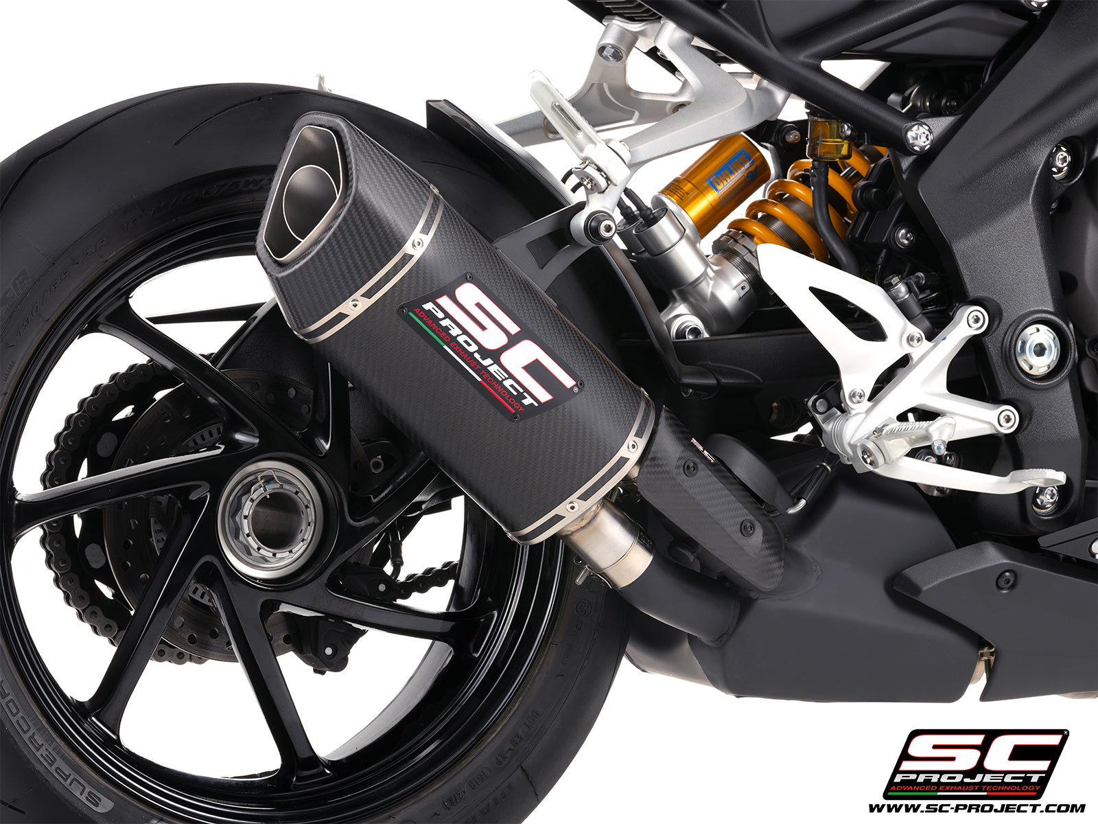 Triumph Street Triple 1200 RS with SC-Project SC1-R GT carbon fibre exhaust, 3/4 rear view