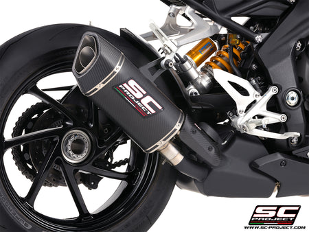 Triumph Street Triple 1200 RS with SC-Project SC1-R GT carbon fibre exhaust, 3/4 rear view