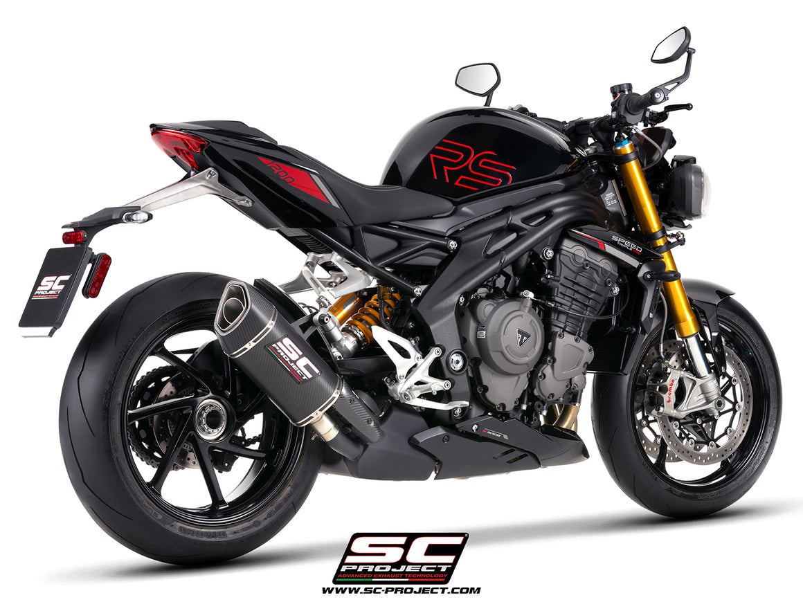 Triumph Street Triple 1200 RS with SC-Project SC1-R GT carbon fibre exhaust, 3/4 rear view