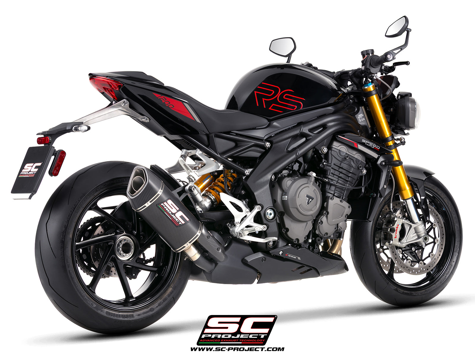 Triumph Street Triple 1200 RS with SC-Project SC1-R GT carbon fibre exhaust, 3/4 rear view