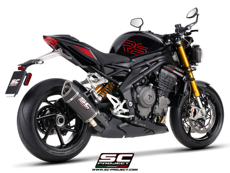 Triumph Street Triple 1200 RS with SC-Project SC1-R GT carbon fibre exhaust, 3/4 rear view