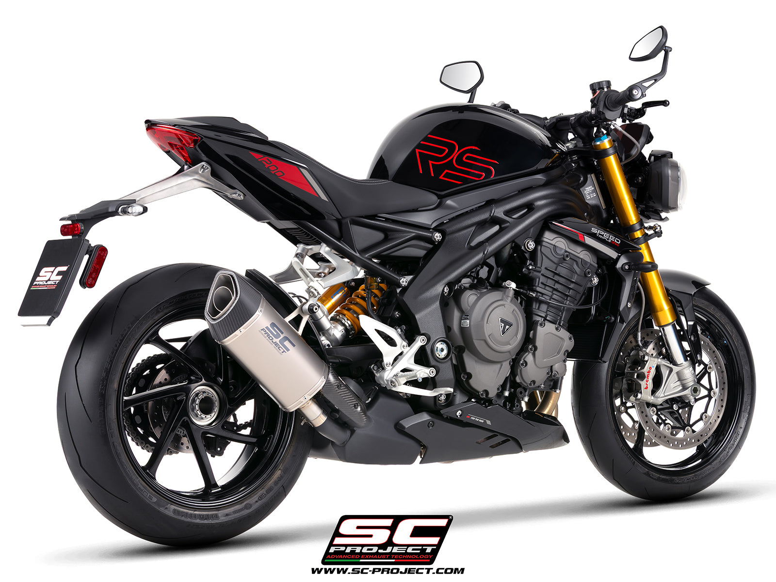 	Triumph Street Triple 1200 RS with SC-Project SC1-R GT titanium exhaust, 3/4 rear view
