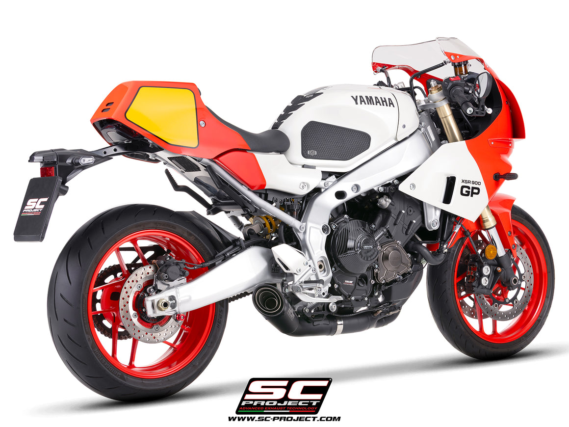 Yamaha XSR900-GP with SC-Project full exhaust system stainless steel, with S1 stainless steel matt black exhaust, 3/4 rear view