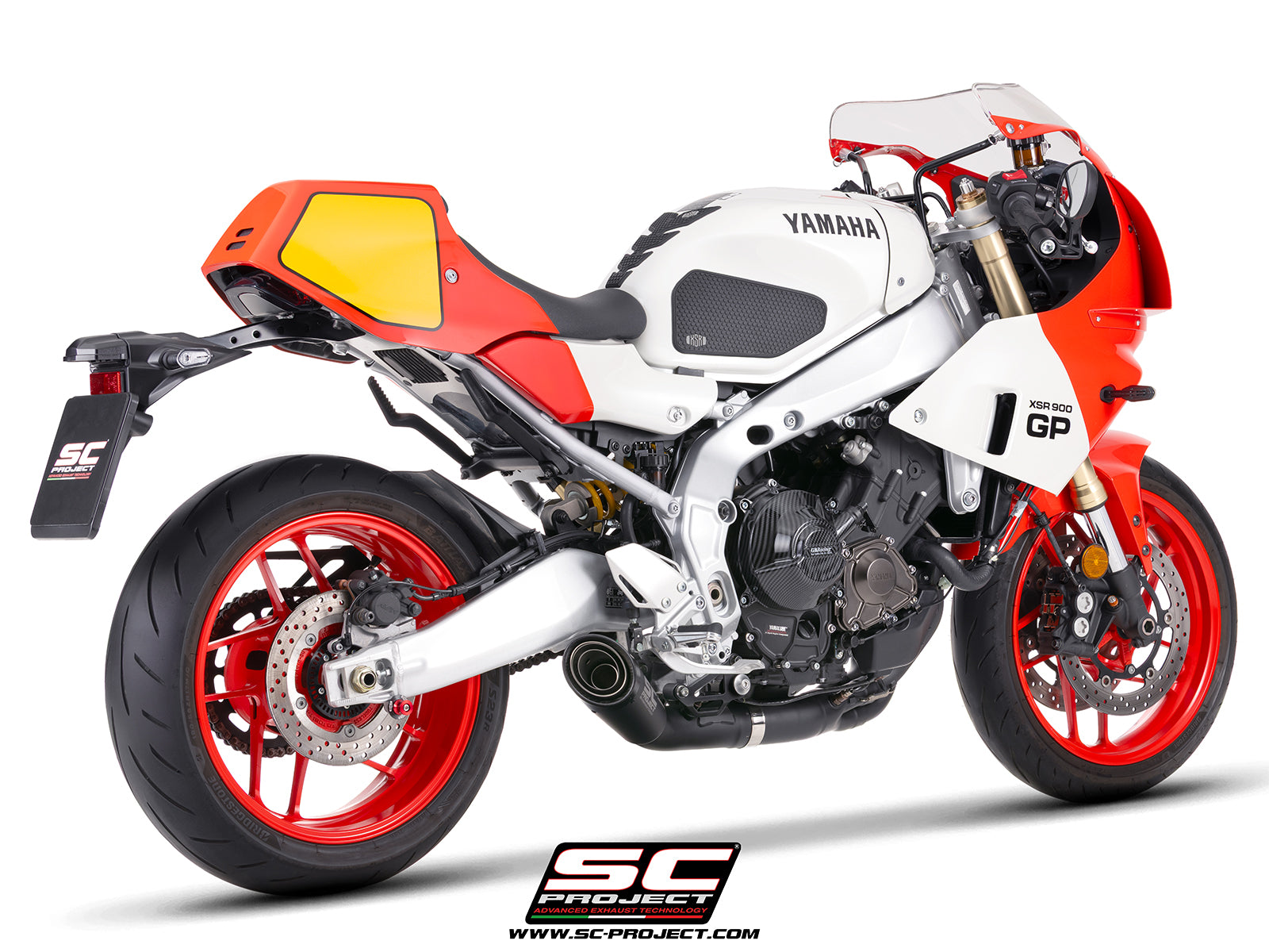 Yamaha XSR900-GP with SC-Project full exhaust system stainless steel, with S1 stainless steel matt black exhaust, 3/4 rear view