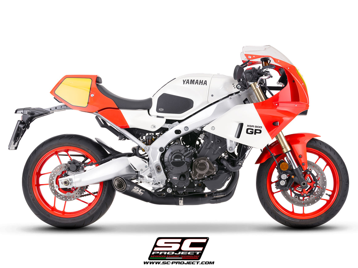Yamaha XSR900-GP with SC-Project full exhaust system stainless steel, with S1 stainless steel matt black exhaust, 3/4 rear view